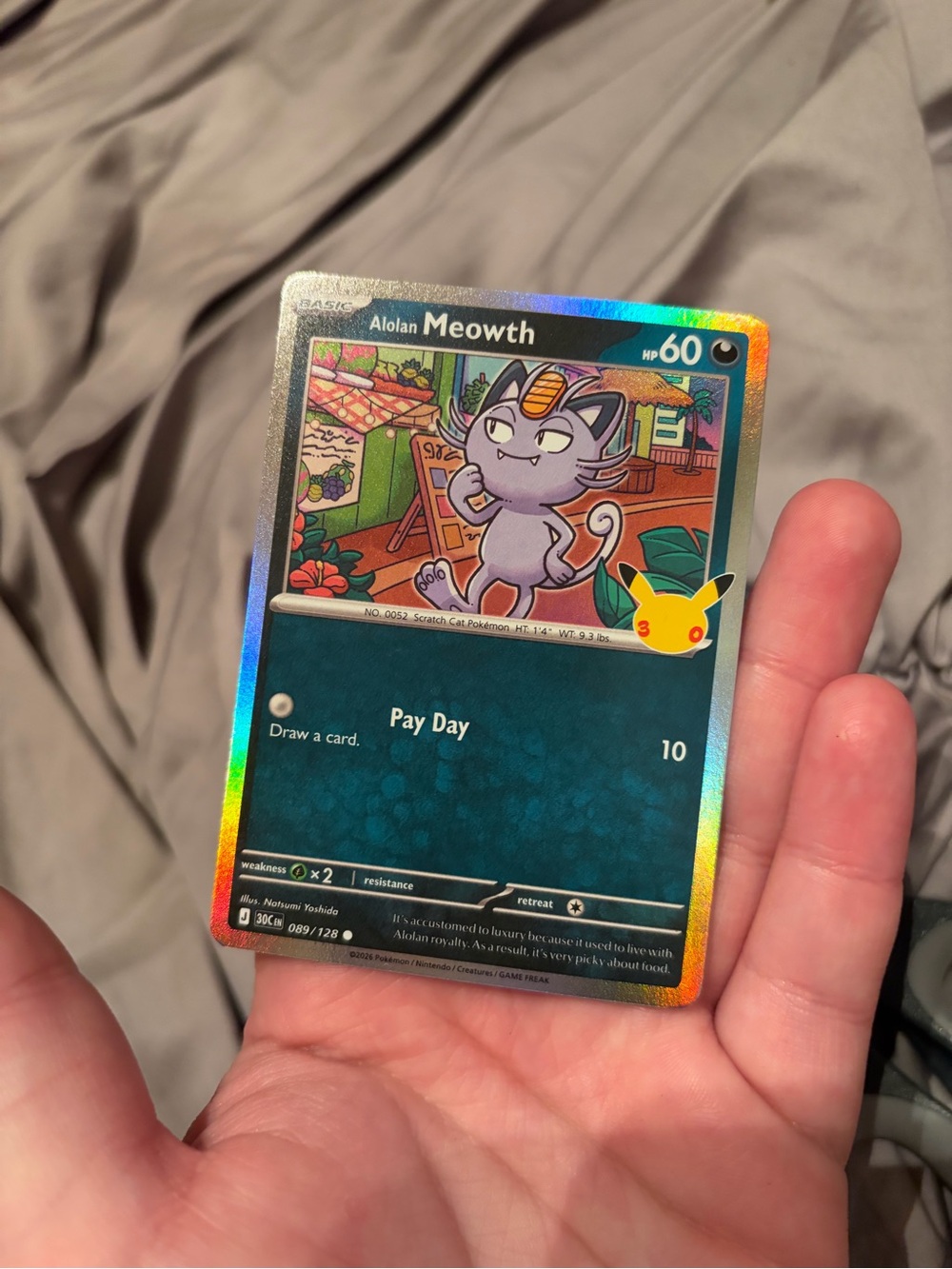 Alolan Meowth Trading Card - Holographic (Blue/Gold)
